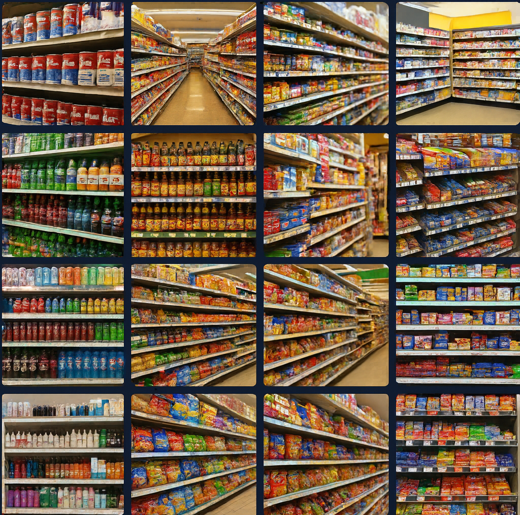 Grocery store aisles showing various consumer packaged goods products